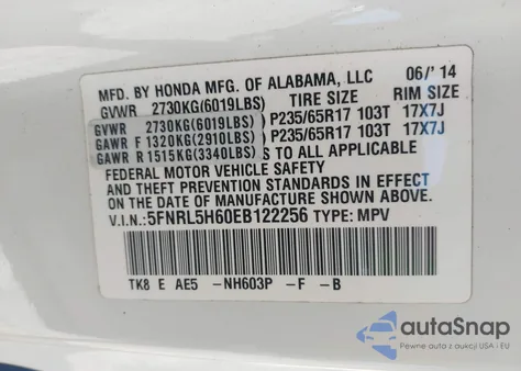 2014 Honda Odyssey Ex-L из США, поврежденный, VIN 5FNRL5H60EB122256